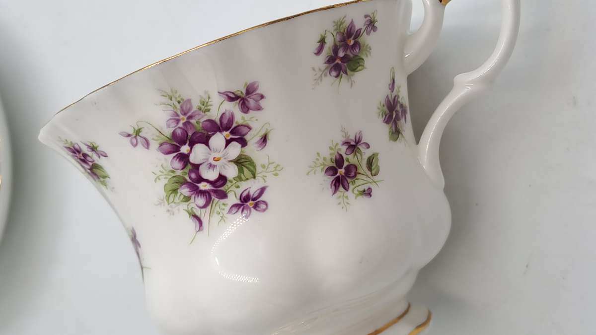 Vintage Royal Albert SWEET VIOLETS Tea Duo Bone China (The Cup has a hairline Crack)