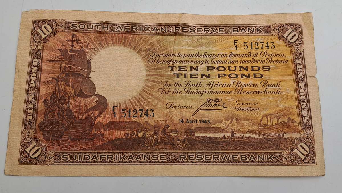 Rare!!! 1943 South Africa 10 Pounds Note English - Afrikaans-J. Postmus