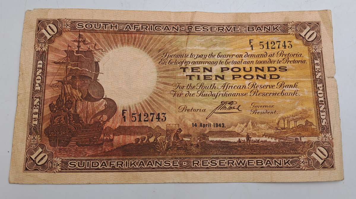 Rare!!! 1943 South Africa 10 Pounds Note English - Afrikaans-J. Postmus