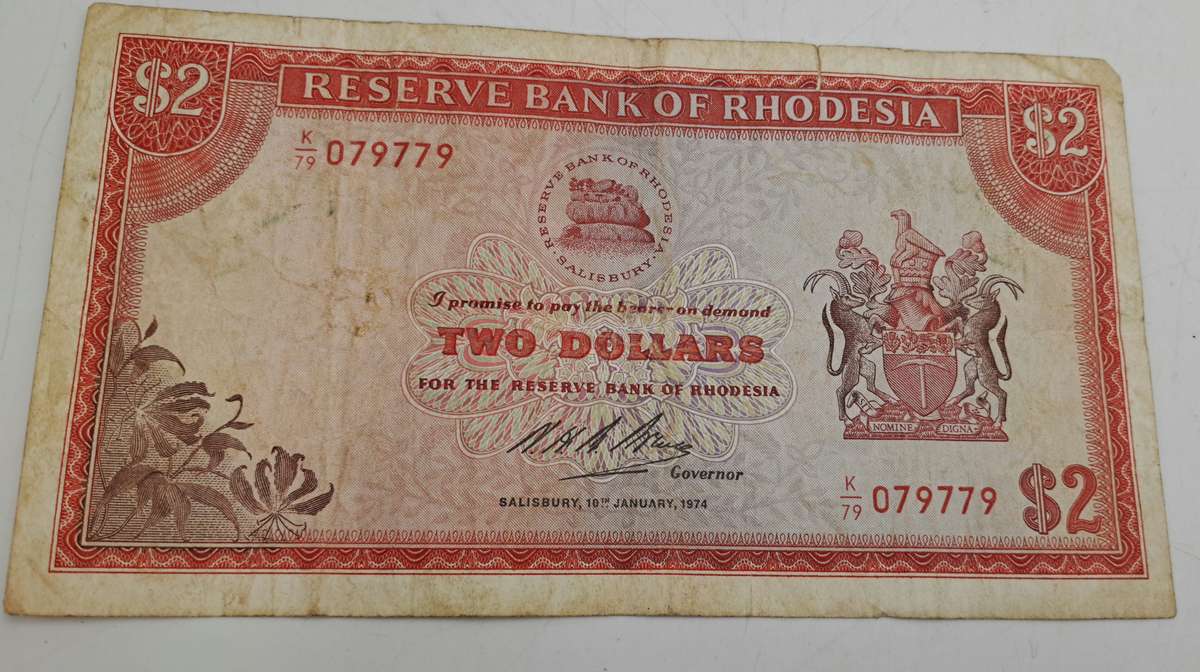 1974 Rhodesia 2 Dollars Bank Note -Rhodes watermark