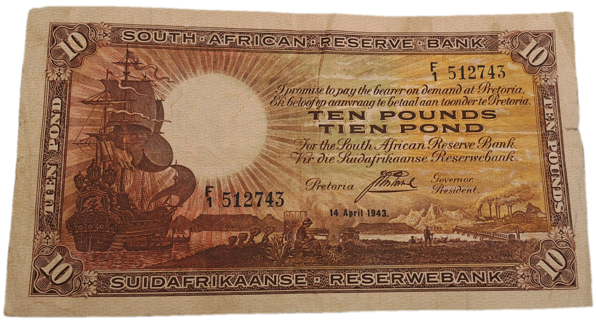 Rare!!! 1943 South Africa 10 Pounds Note English - Afrikaans-J. Postmus
