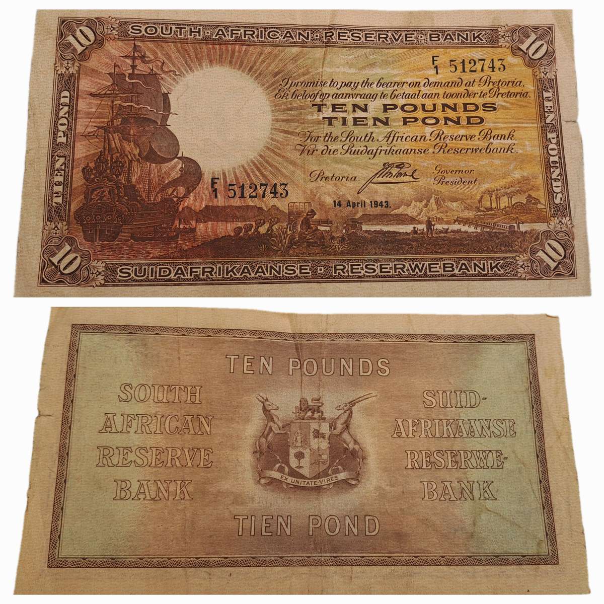 Rare!!! 1943 South Africa 10 Pounds Note English - Afrikaans-J. Postmus