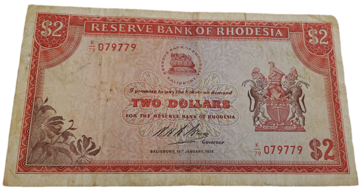 1974 Rhodesia 2 Dollars Bank Note -Rhodes watermark