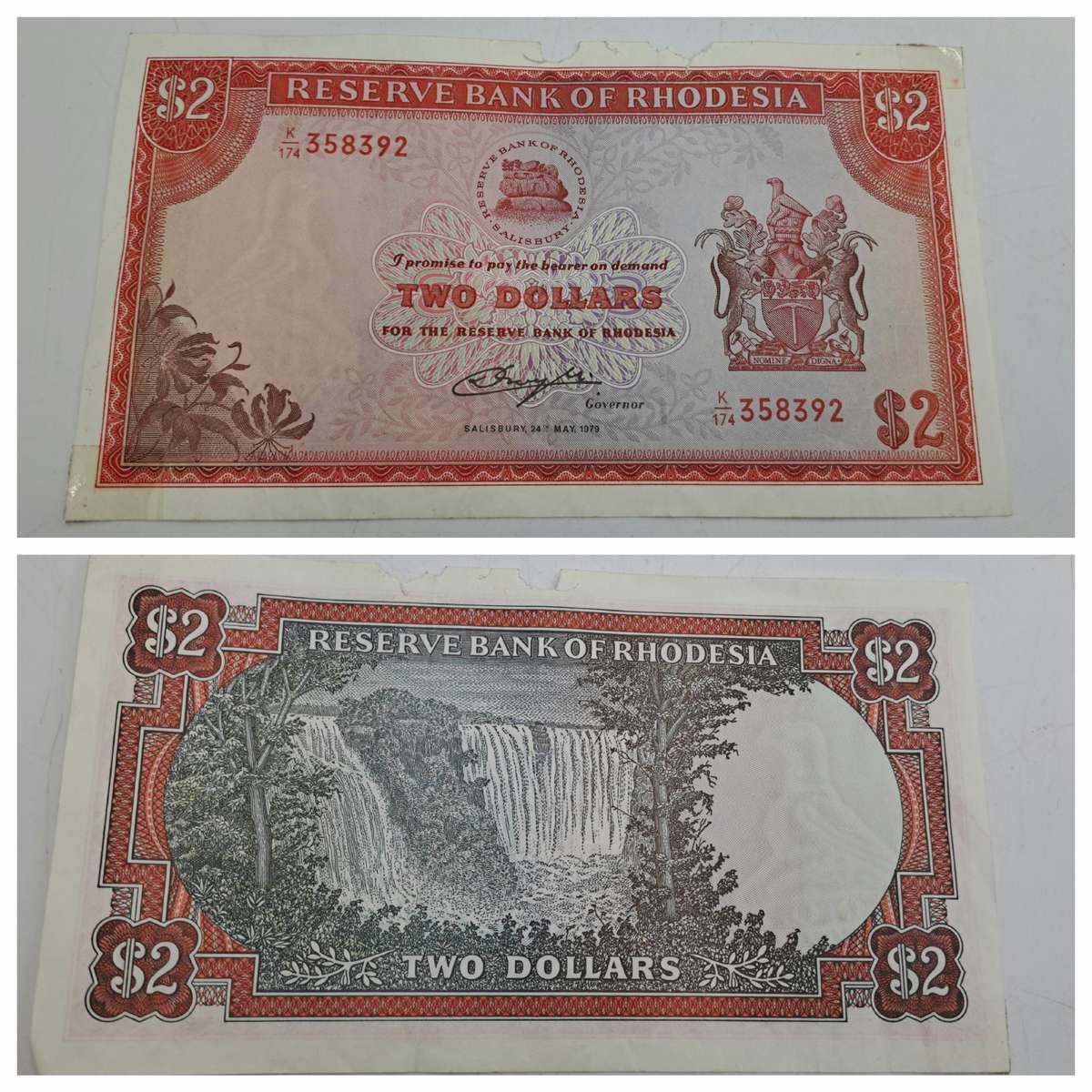 1979 Rhodesia 2 Dollars Bank Note -Bird watermark