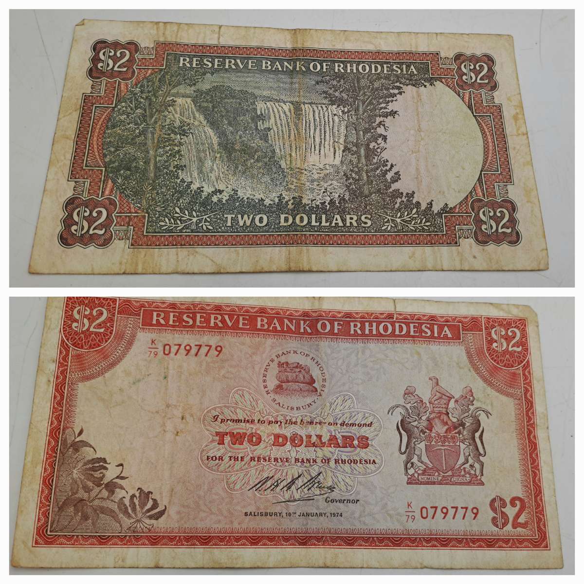 1974 Rhodesia 2 Dollars Bank Note -Rhodes watermark