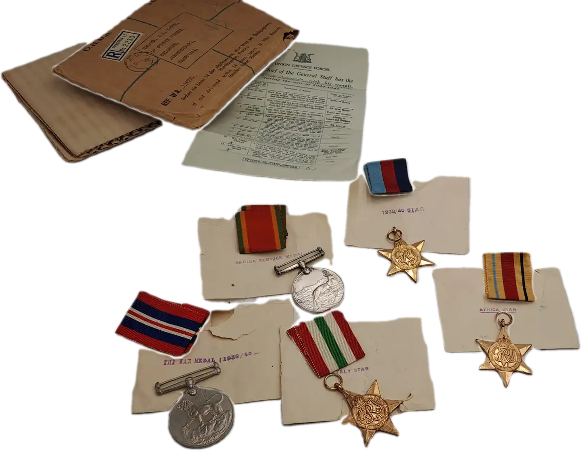 Group of 5 WW2 Full Size Medals with Ribbons in Original packaging issued to S.A Smyth -Engraved