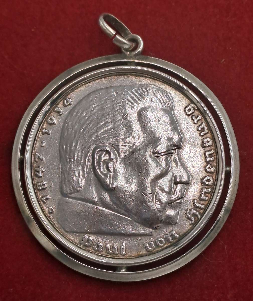 1939  Germany - .900 Silver - 5 Reichsmark Paul von Hindenburg-made into a pendant