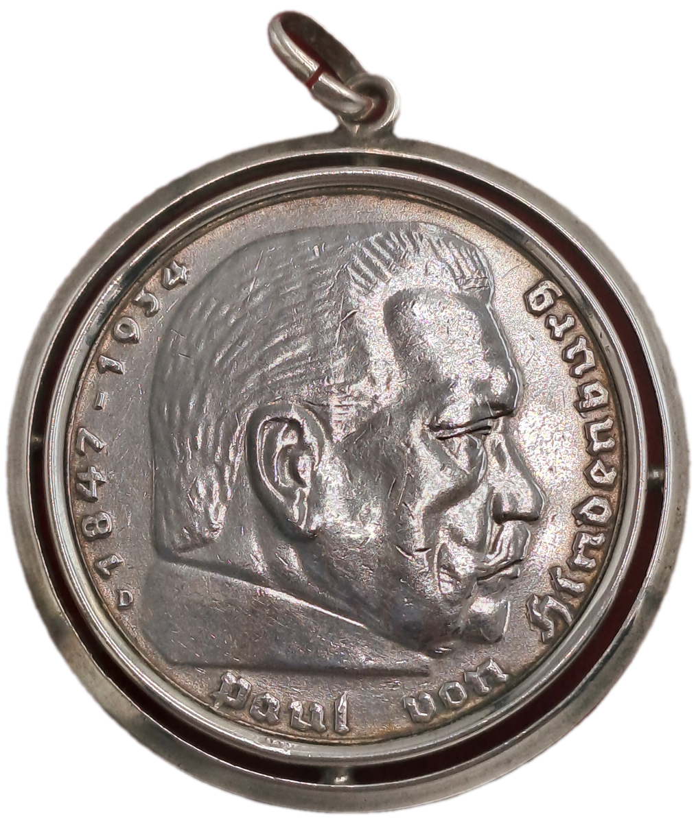 1939  Germany - .900 Silver - 5 Reichsmark Paul von Hindenburg-made into a pendant