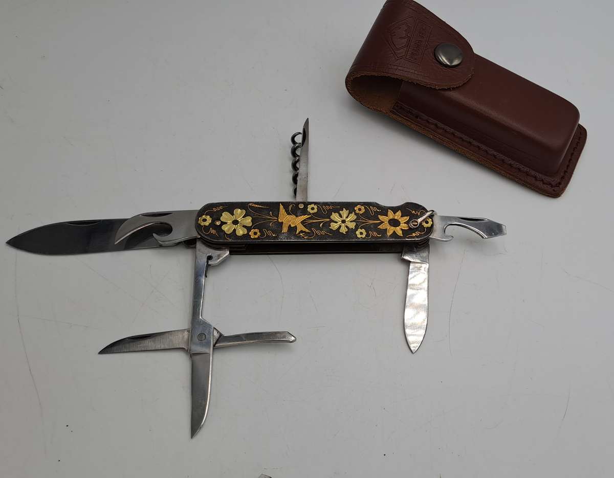 Vintage TOLEDO Inox Gold Inlay Sparrow Bird Blade Multitool Utility Pocket Knife