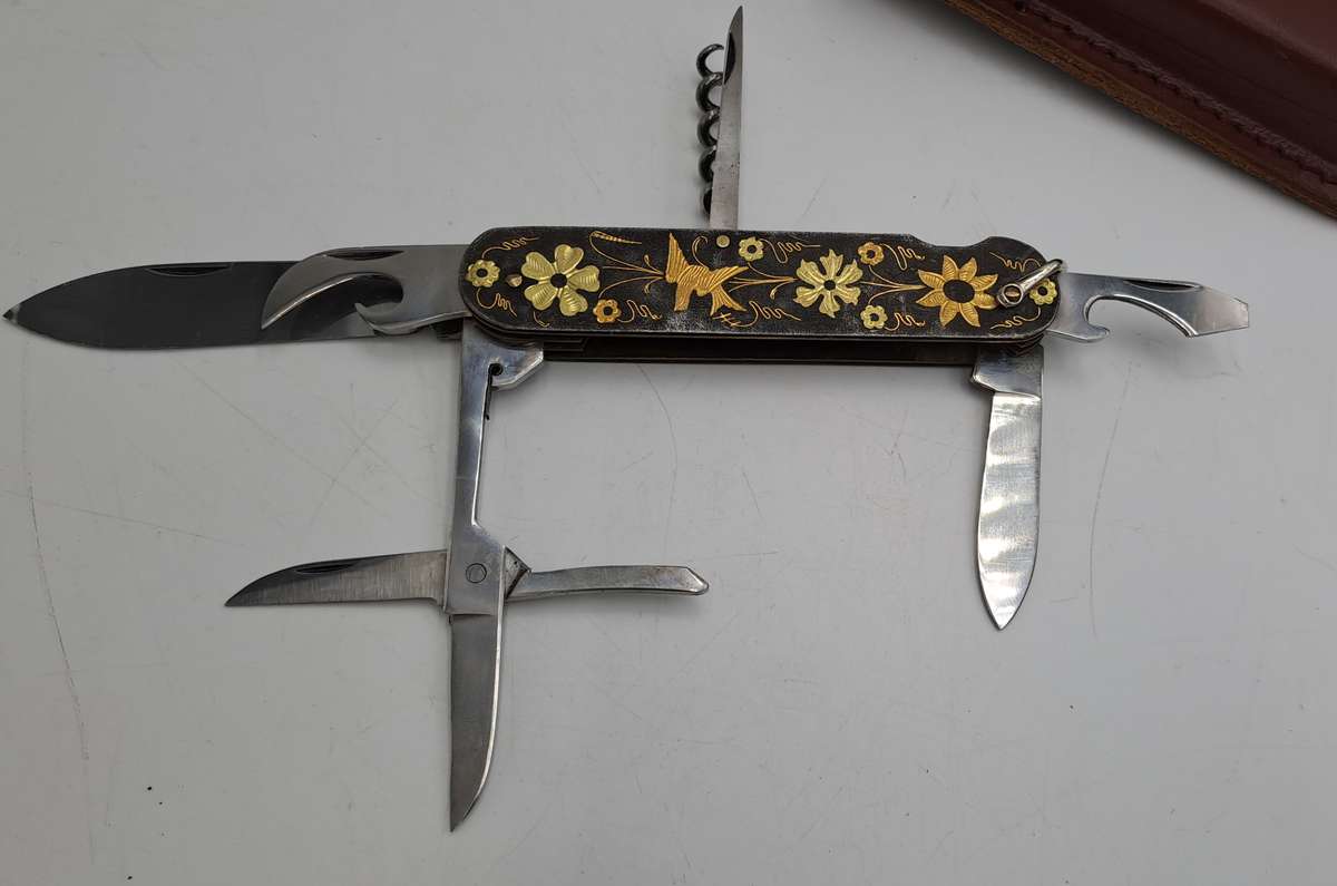 Vintage TOLEDO Inox Gold Inlay Sparrow Bird Blade Multitool Utility Pocket Knife