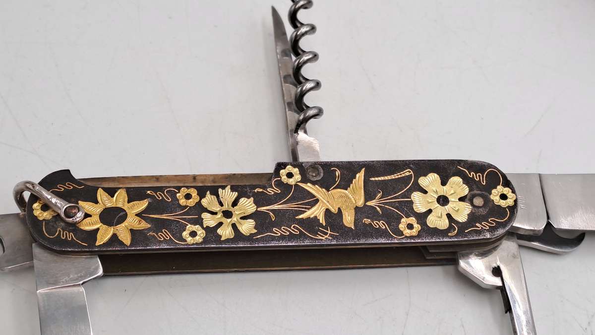 Vintage TOLEDO Inox Gold Inlay Sparrow Bird Blade Multitool Utility Pocket Knife