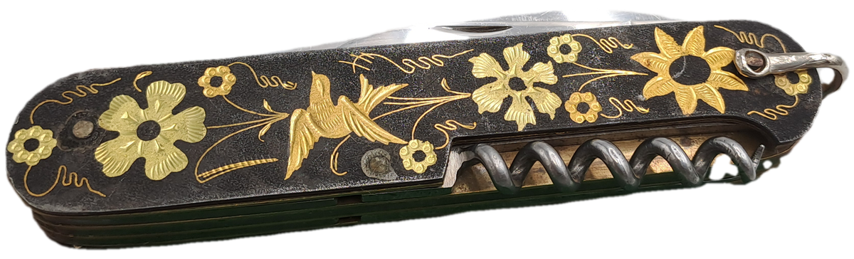 Vintage TOLEDO Inox Gold Inlay Sparrow Bird Blade Multitool Utility Pocket Knife