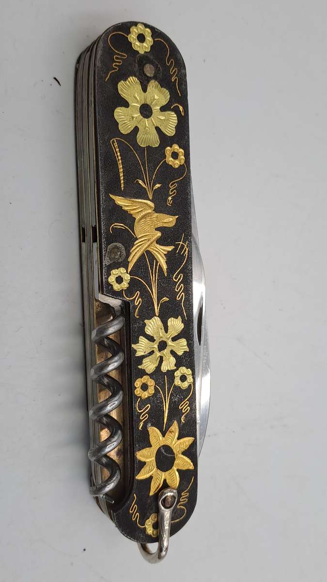 Vintage TOLEDO Inox Gold Inlay Sparrow Bird Blade Multitool Utility Pocket Knife