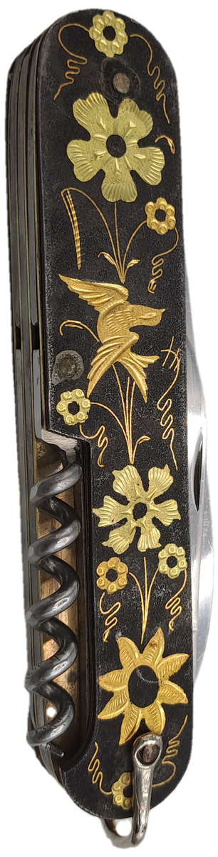 Vintage TOLEDO Inox Gold Inlay Sparrow Bird Blade Multitool Utility Pocket Knife