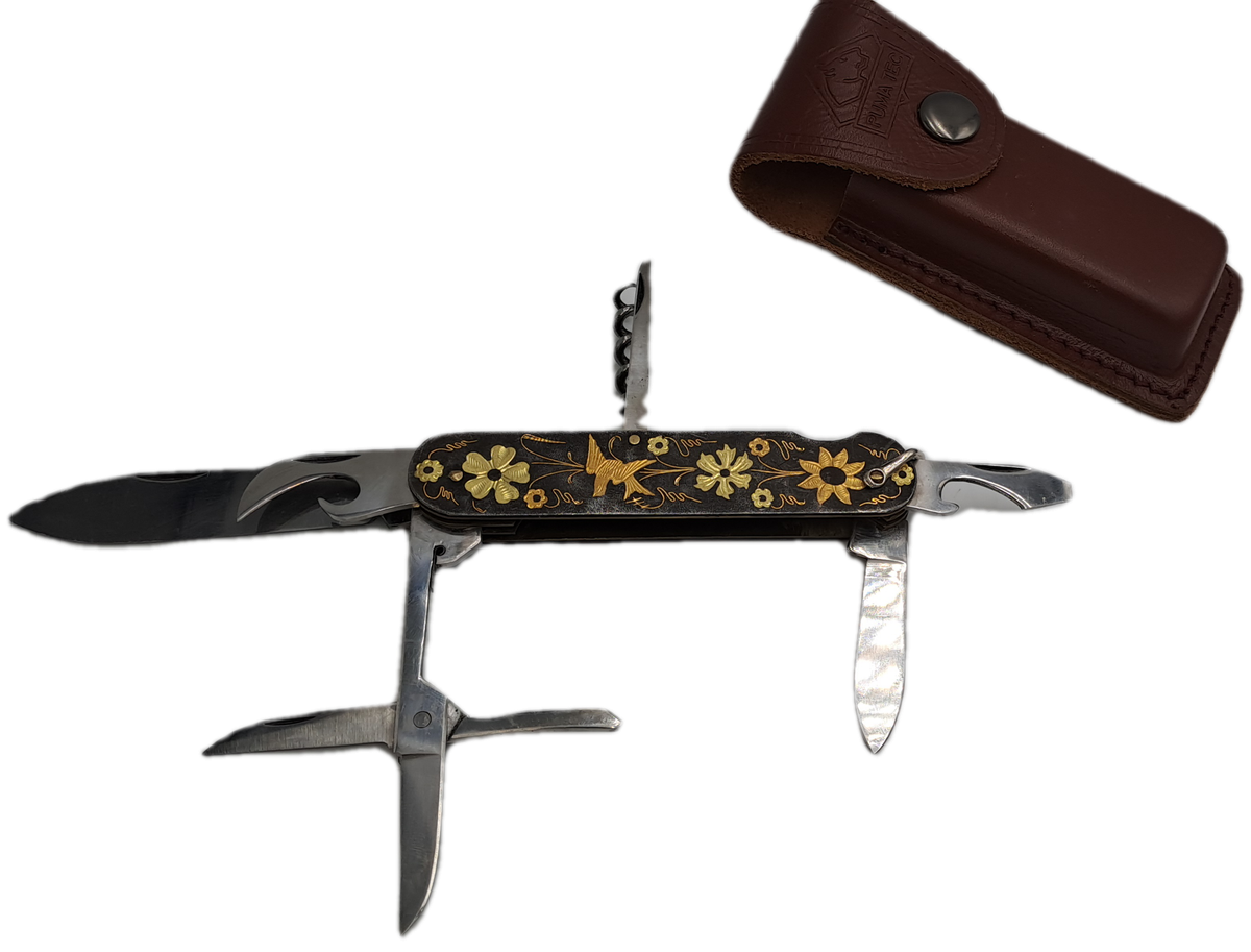 Vintage TOLEDO Inox Gold Inlay Sparrow Bird Blade Multitool Utility Pocket Knife