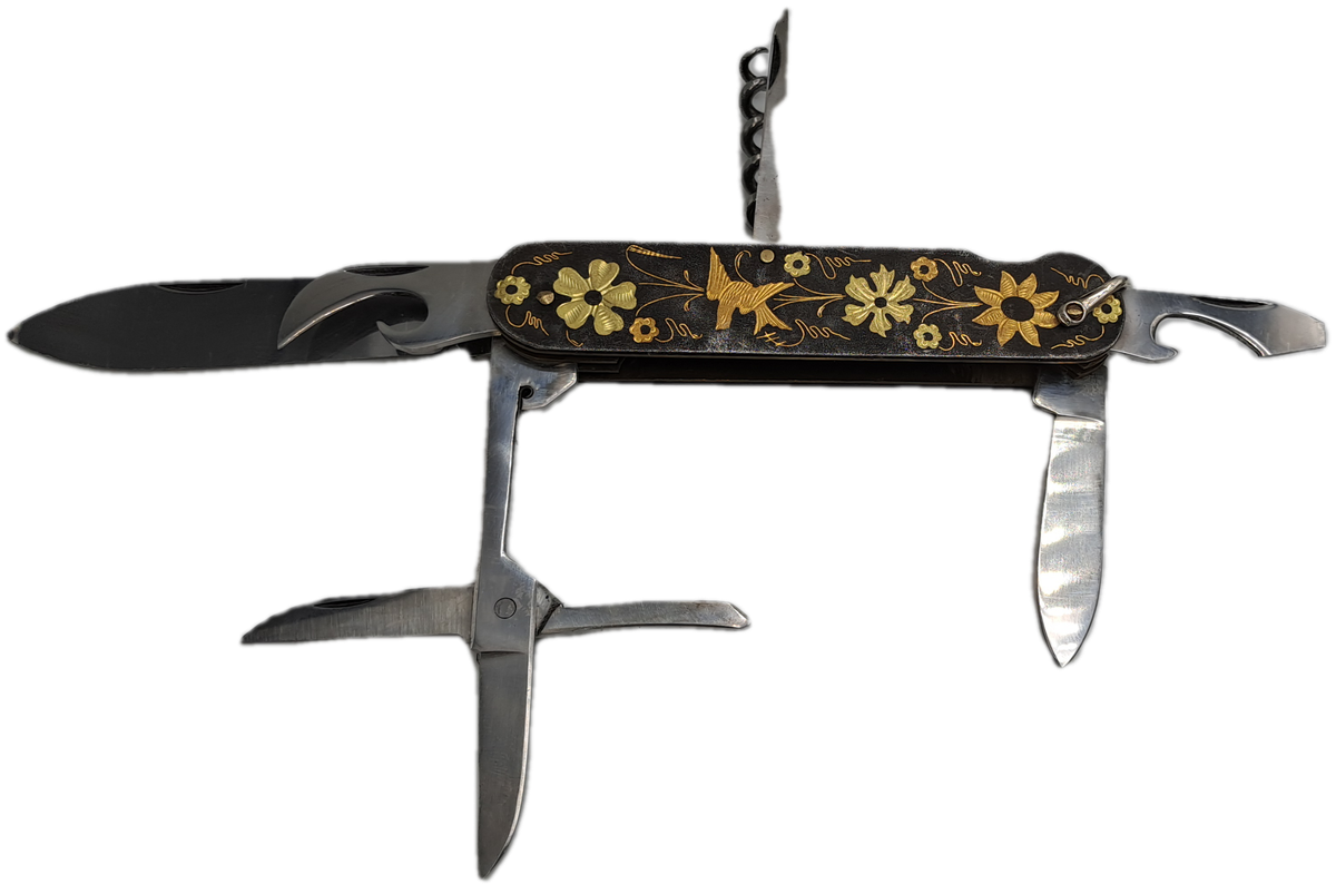 Vintage TOLEDO Inox Gold Inlay Sparrow Bird Blade Multitool Utility Pocket Knife
