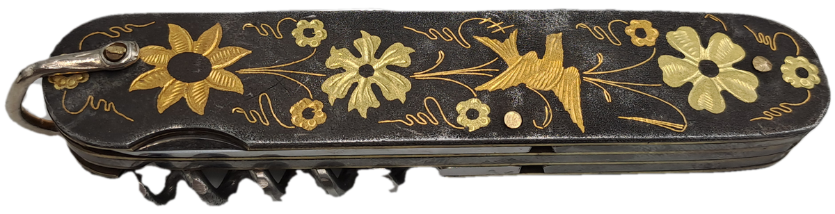 Vintage TOLEDO Inox Gold Inlay Sparrow Bird Blade Multitool Utility Pocket Knife