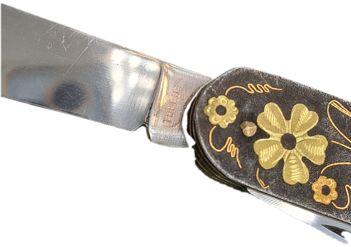 Vintage TOLEDO Inox Gold Inlay Sparrow Bird Blade Multitool Utility Pocket Knife