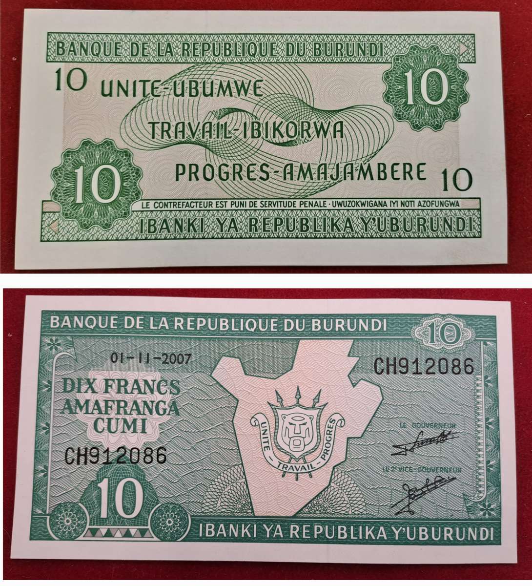2007  Burundi 10 Francs Uncirculated Bank Note