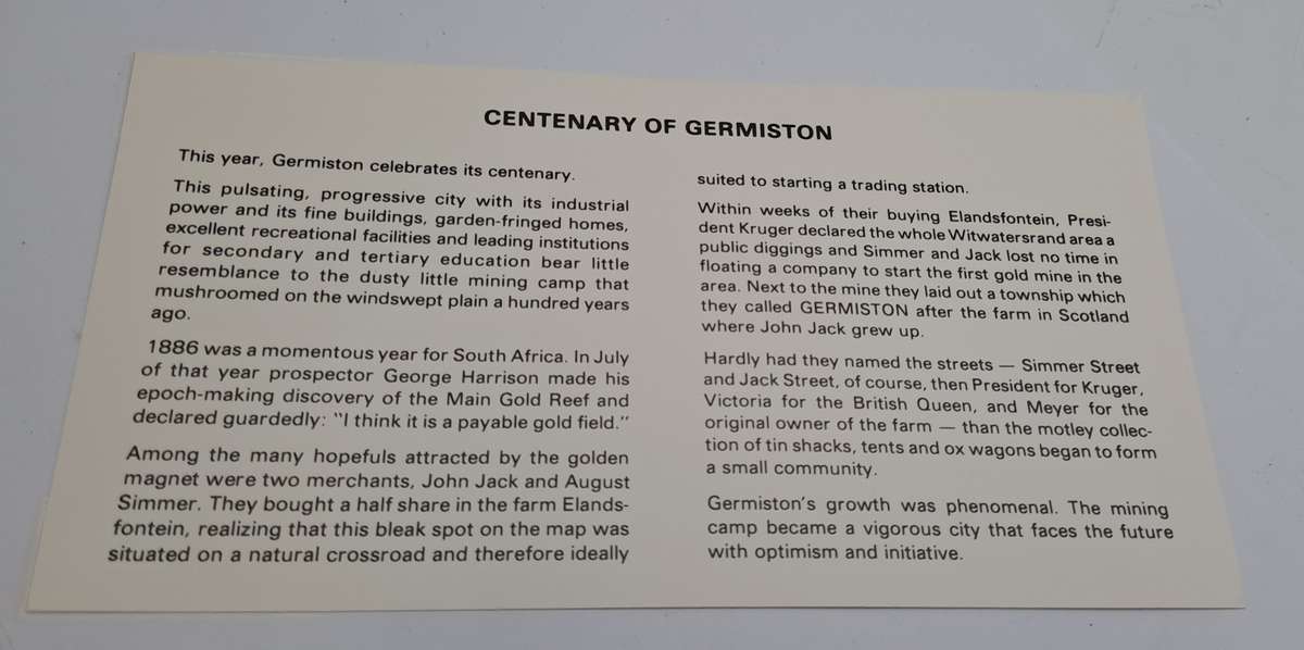 1886-1986 Germiston 100 Year a Century of Progress First Day Cover (3 available)
