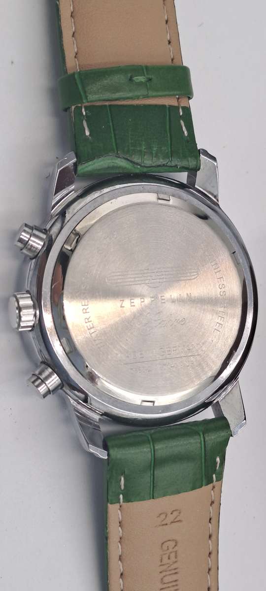 Un-Used Men's Zeppelin 100 Jahre Quartz Chronograph watch with green Leather strap
