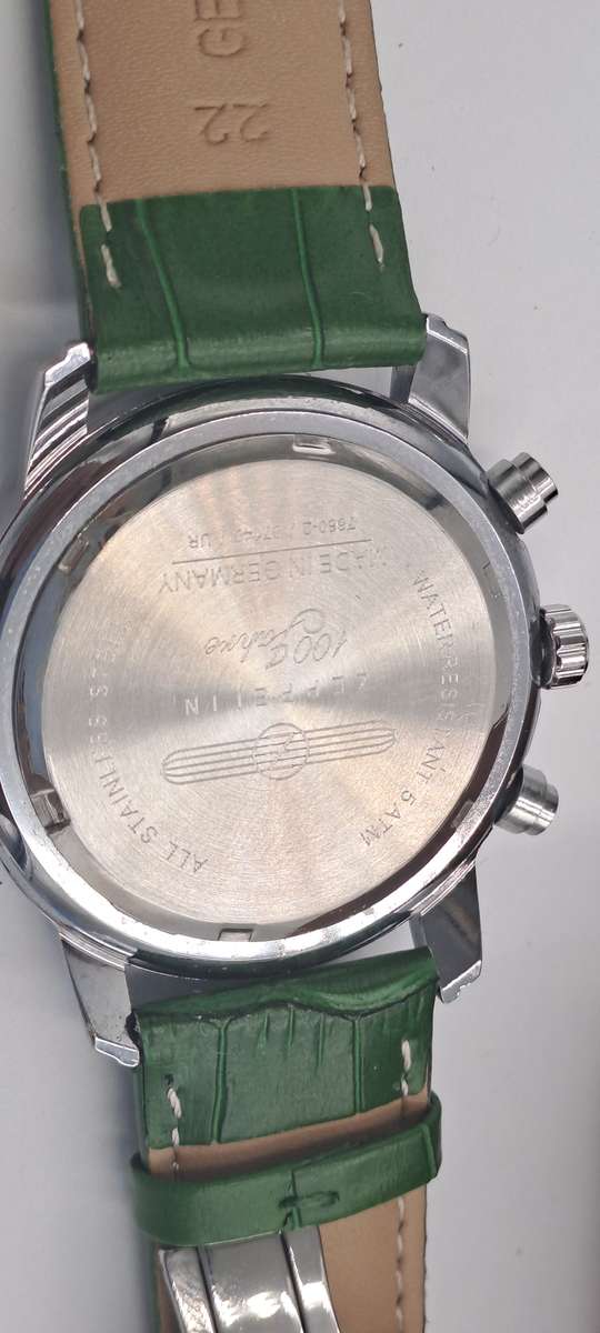 Un-Used Men's Zeppelin 100 Jahre Quartz Chronograph watch with green Leather strap