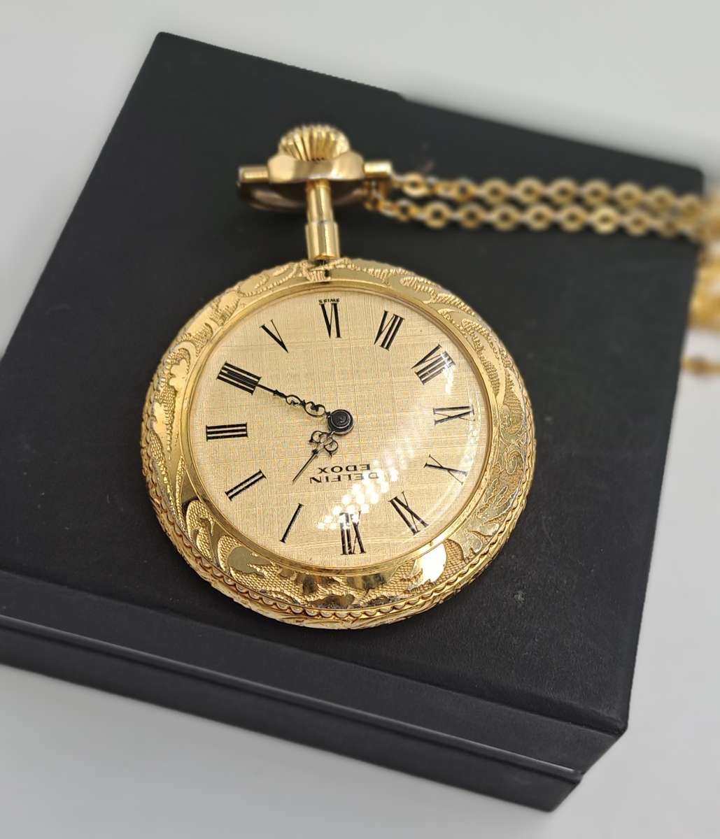 Vintage Gold Plated  Delfin Edox Mechanical Pocket Watch -Spotless condition
