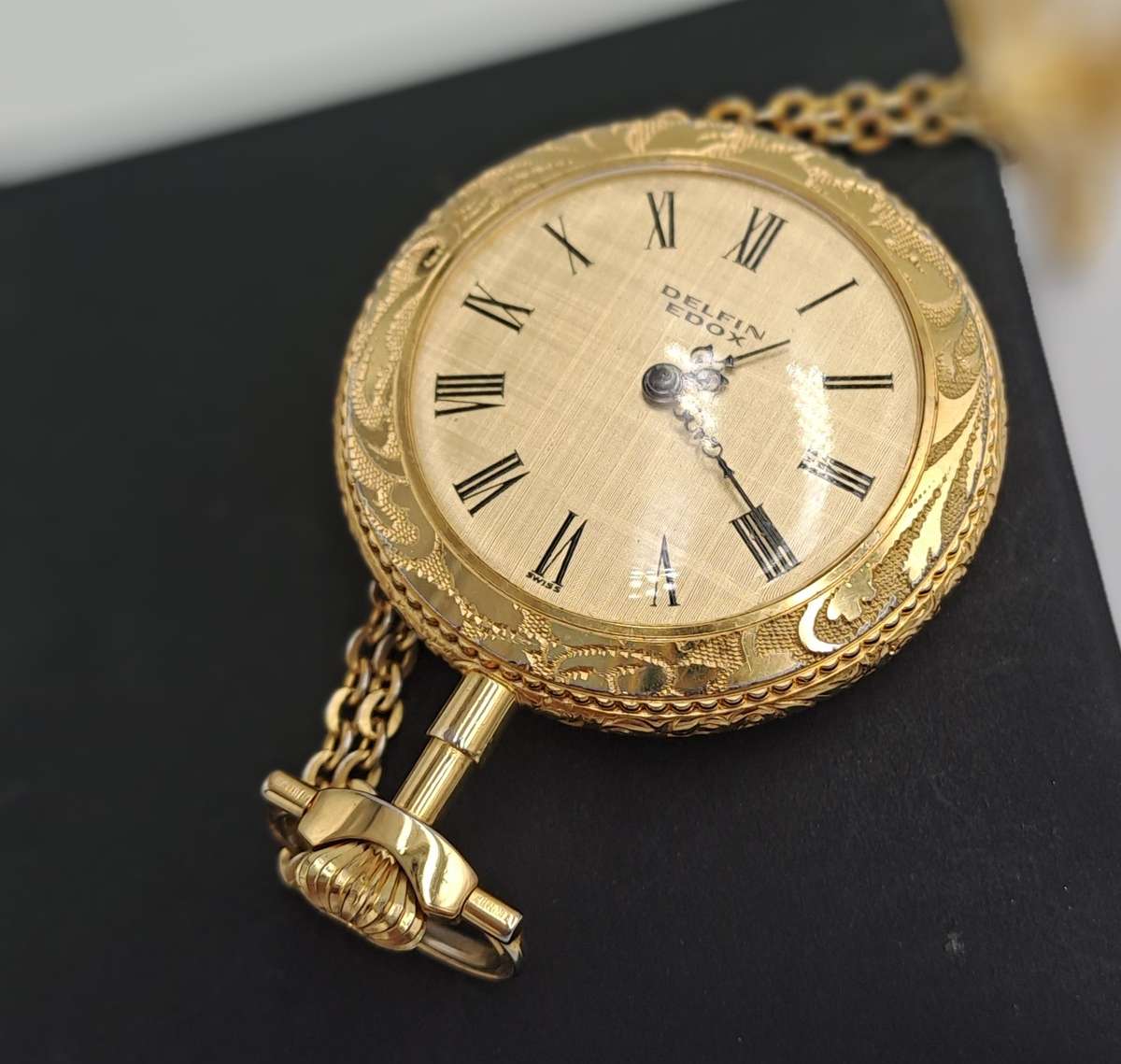 Vintage Gold Plated  Delfin Edox Mechanical Pocket Watch -Spotless condition