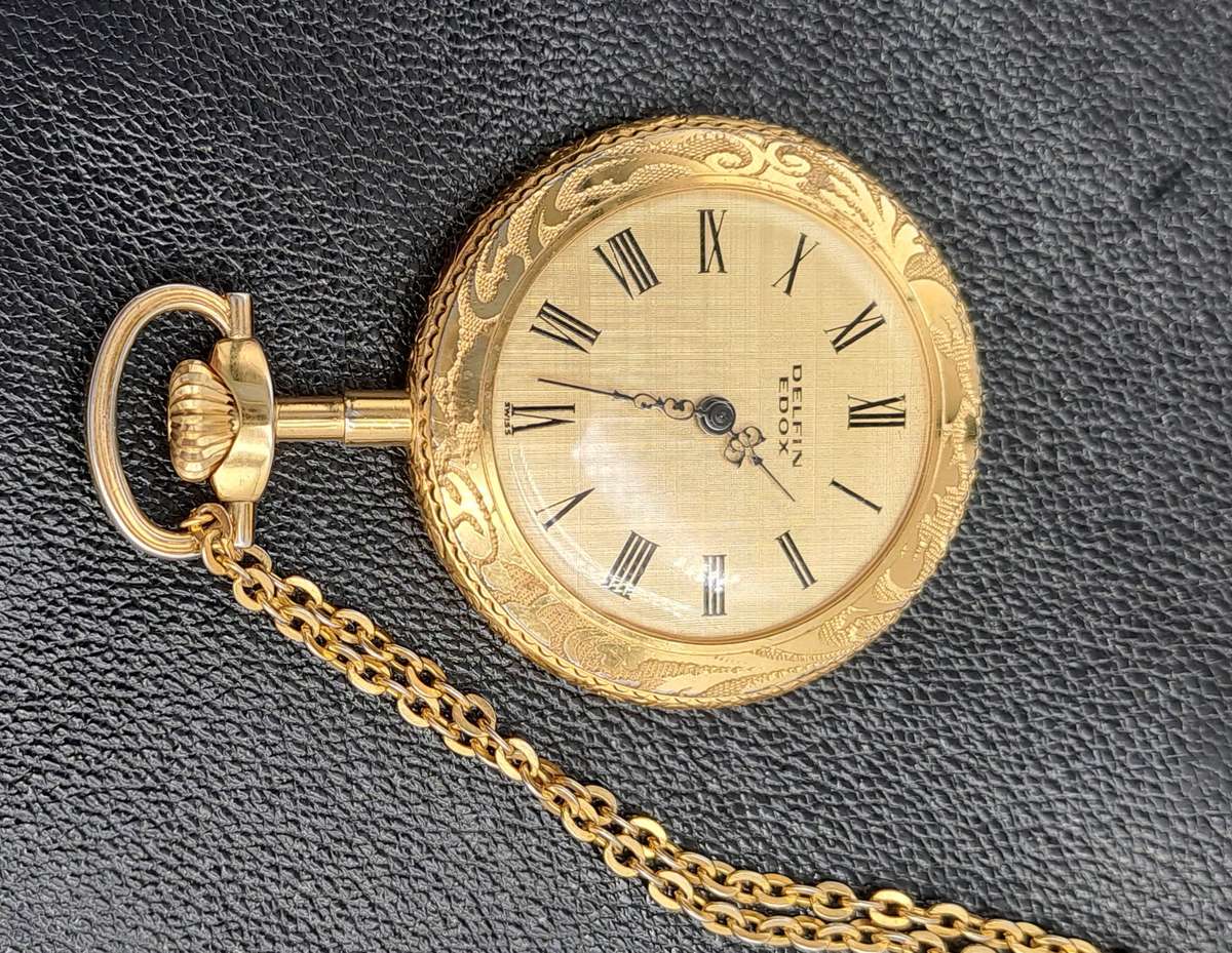 Vintage Gold Plated  Delfin Edox Mechanical Pocket Watch -Spotless condition