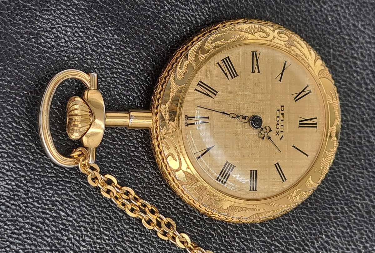 Vintage Gold Plated  Delfin Edox Mechanical Pocket Watch -Spotless condition
