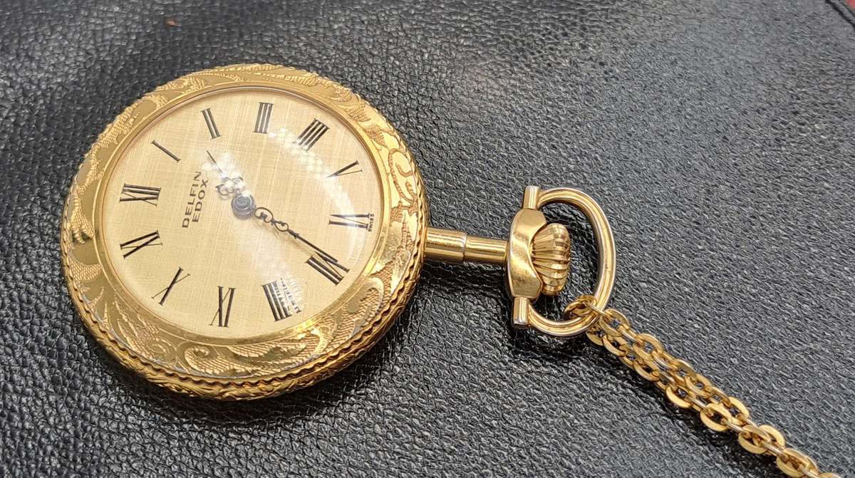 Vintage Gold Plated  Delfin Edox Mechanical Pocket Watch -Spotless condition