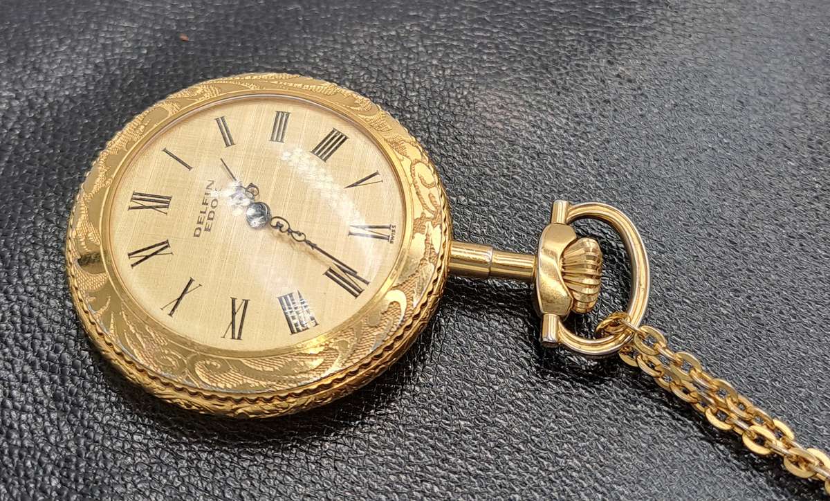 Vintage Gold Plated  Delfin Edox Mechanical Pocket Watch -Spotless condition