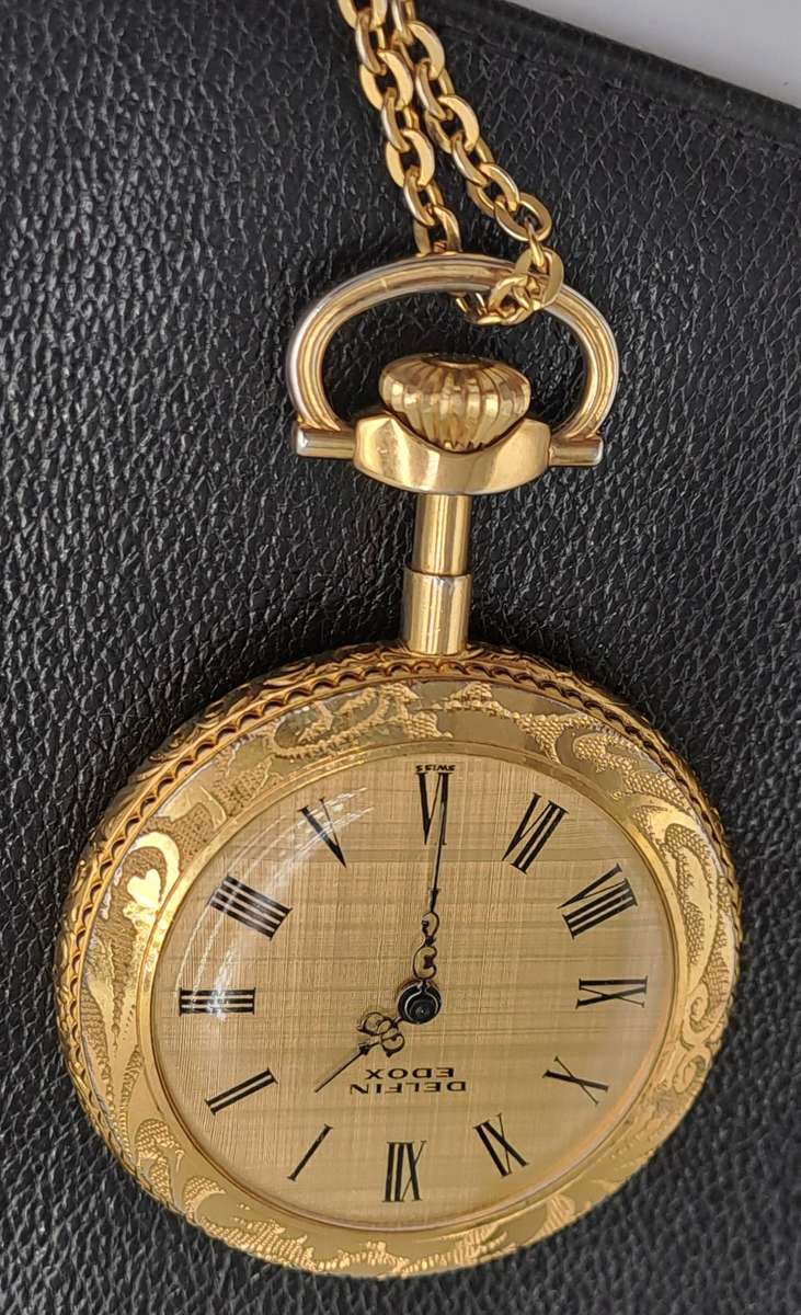Vintage Gold Plated  Delfin Edox Mechanical Pocket Watch -Spotless condition