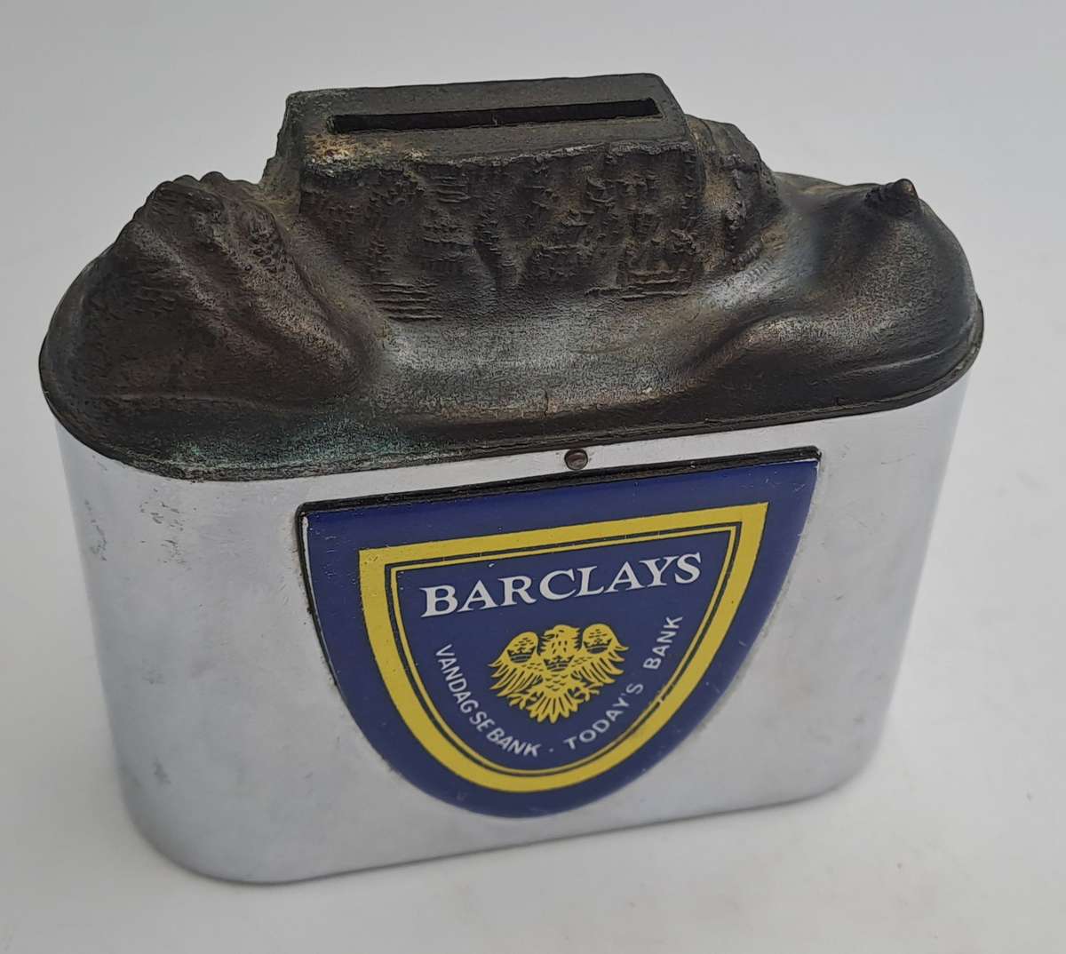 Vintage, chrome Barclays Bank money savings box with Table Mountain coin slot-No Key