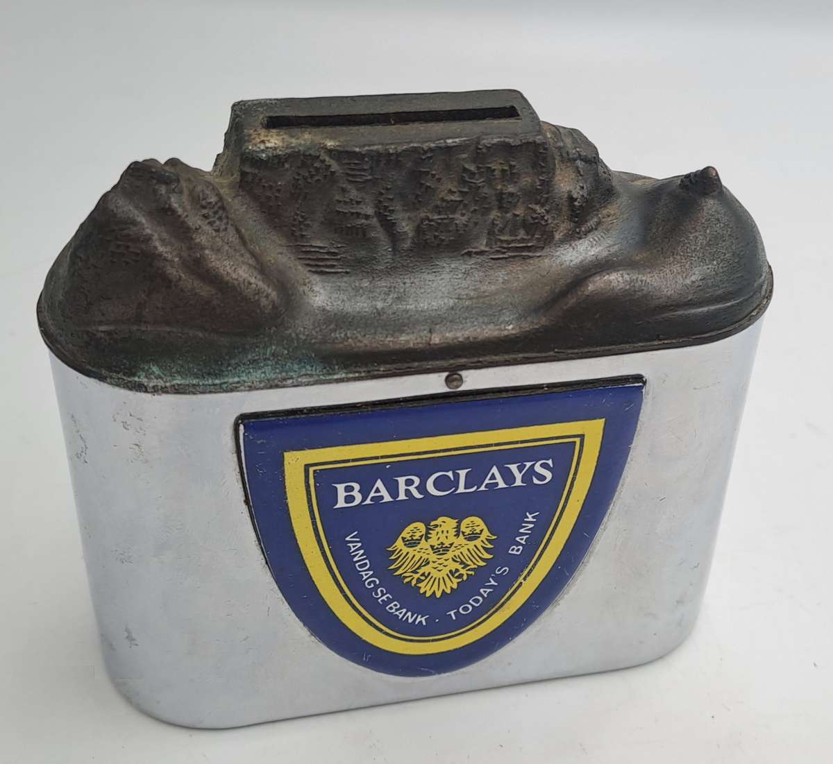 Vintage, chrome Barclays Bank money savings box with Table Mountain coin slot-No Key