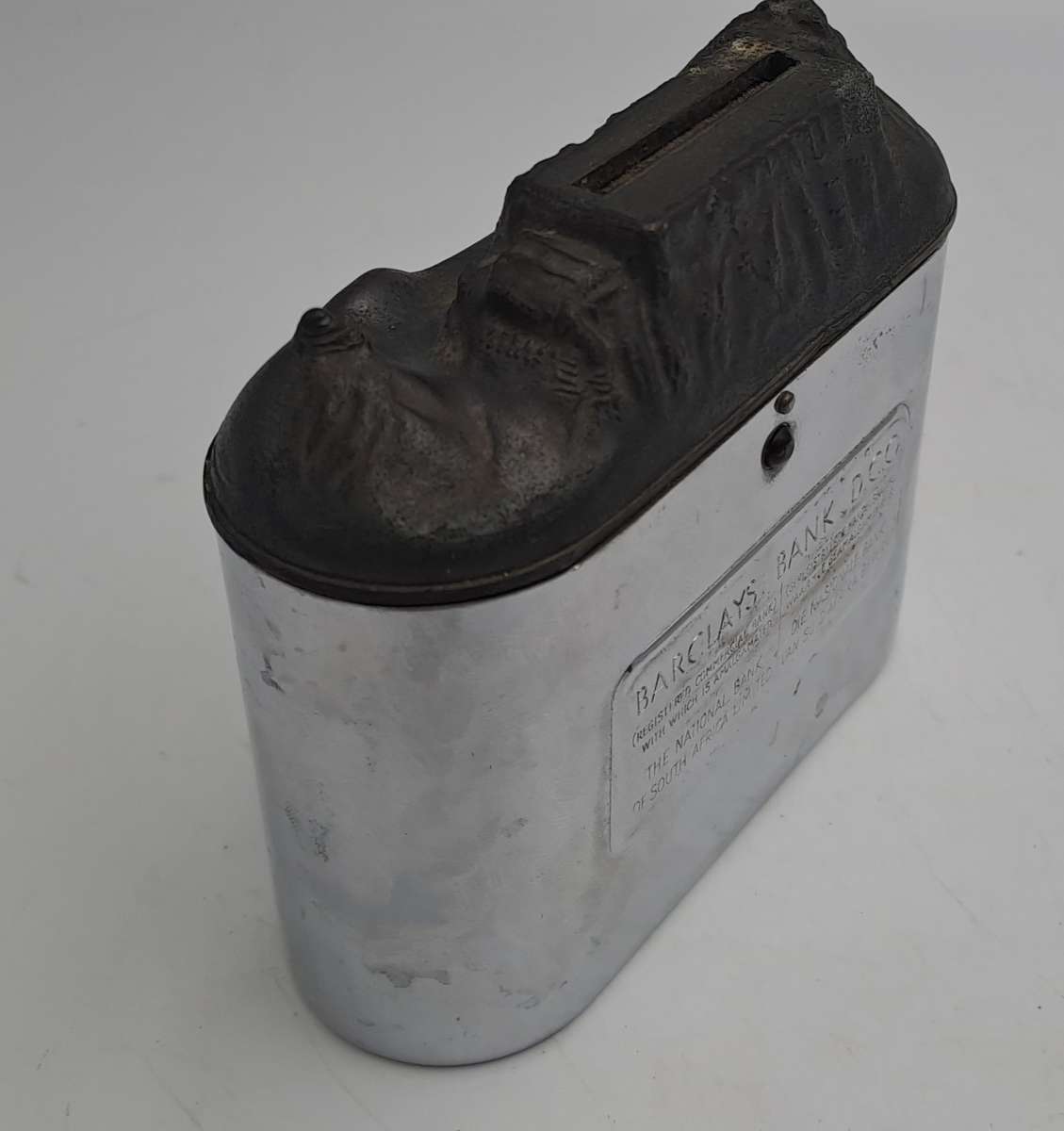 Vintage, chrome Barclays Bank money savings box with Table Mountain coin slot-No Key