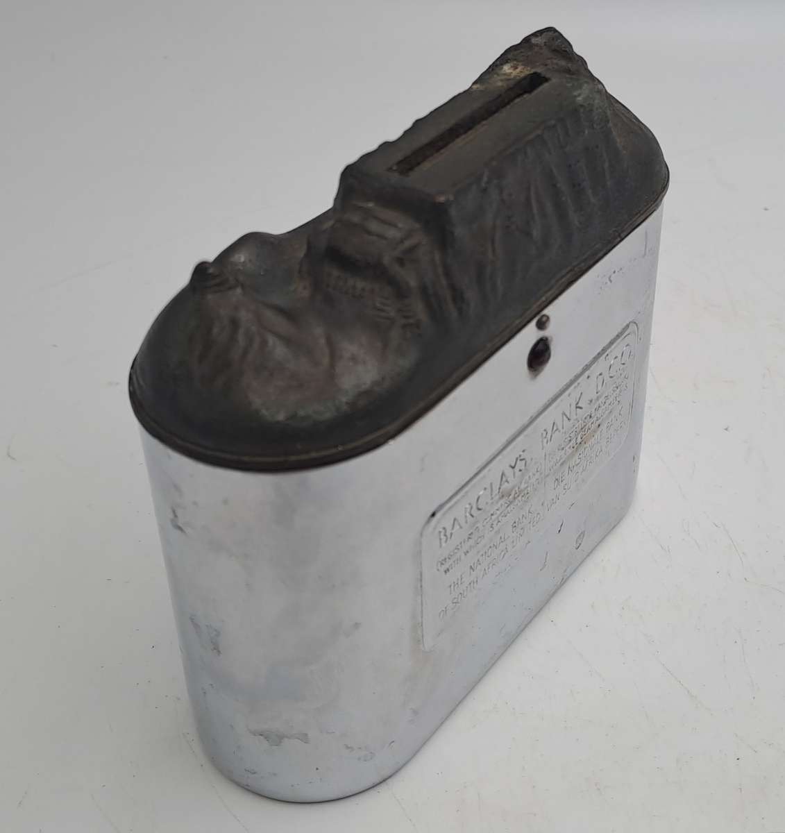 Vintage, chrome Barclays Bank money savings box with Table Mountain coin slot-No Key
