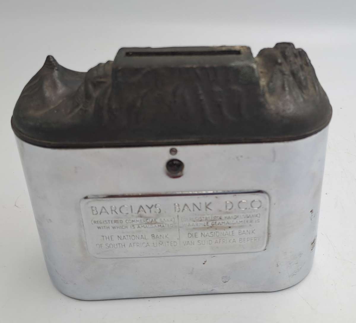 Vintage, chrome Barclays Bank money savings box with Table Mountain coin slot-No Key