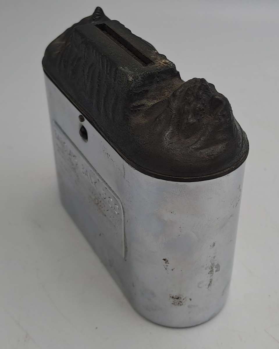 Vintage, chrome Barclays Bank money savings box with Table Mountain coin slot-No Key