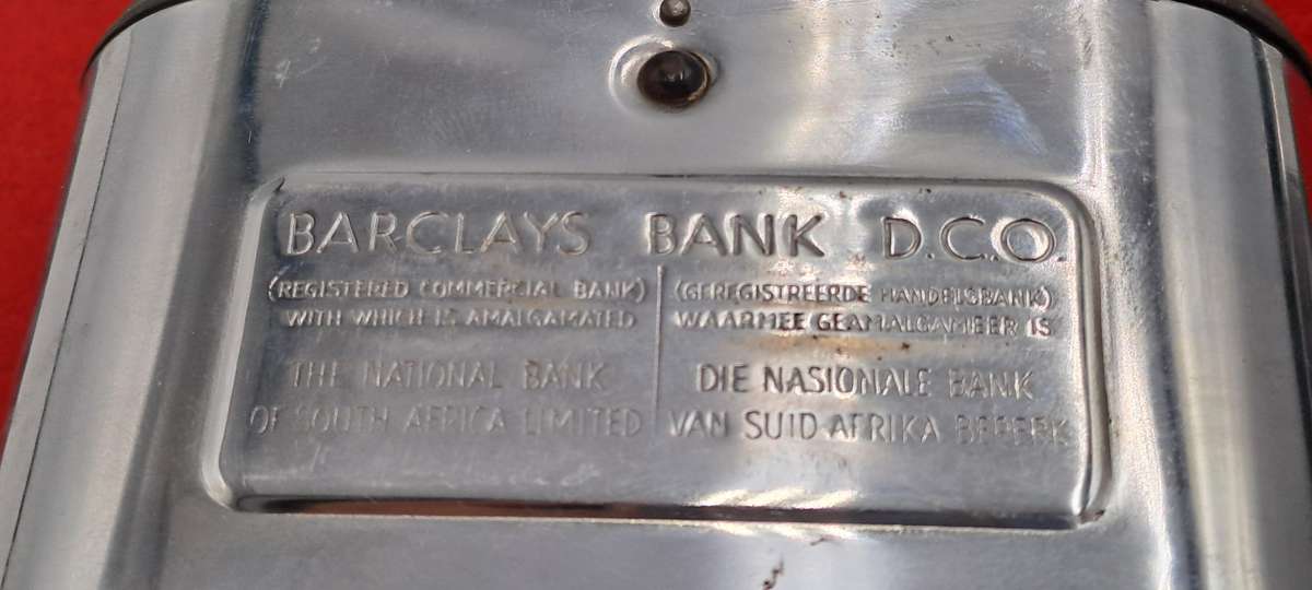 Vintage, chrome Barclays Bank money savings box with Table Mountain coin slot-No Key
