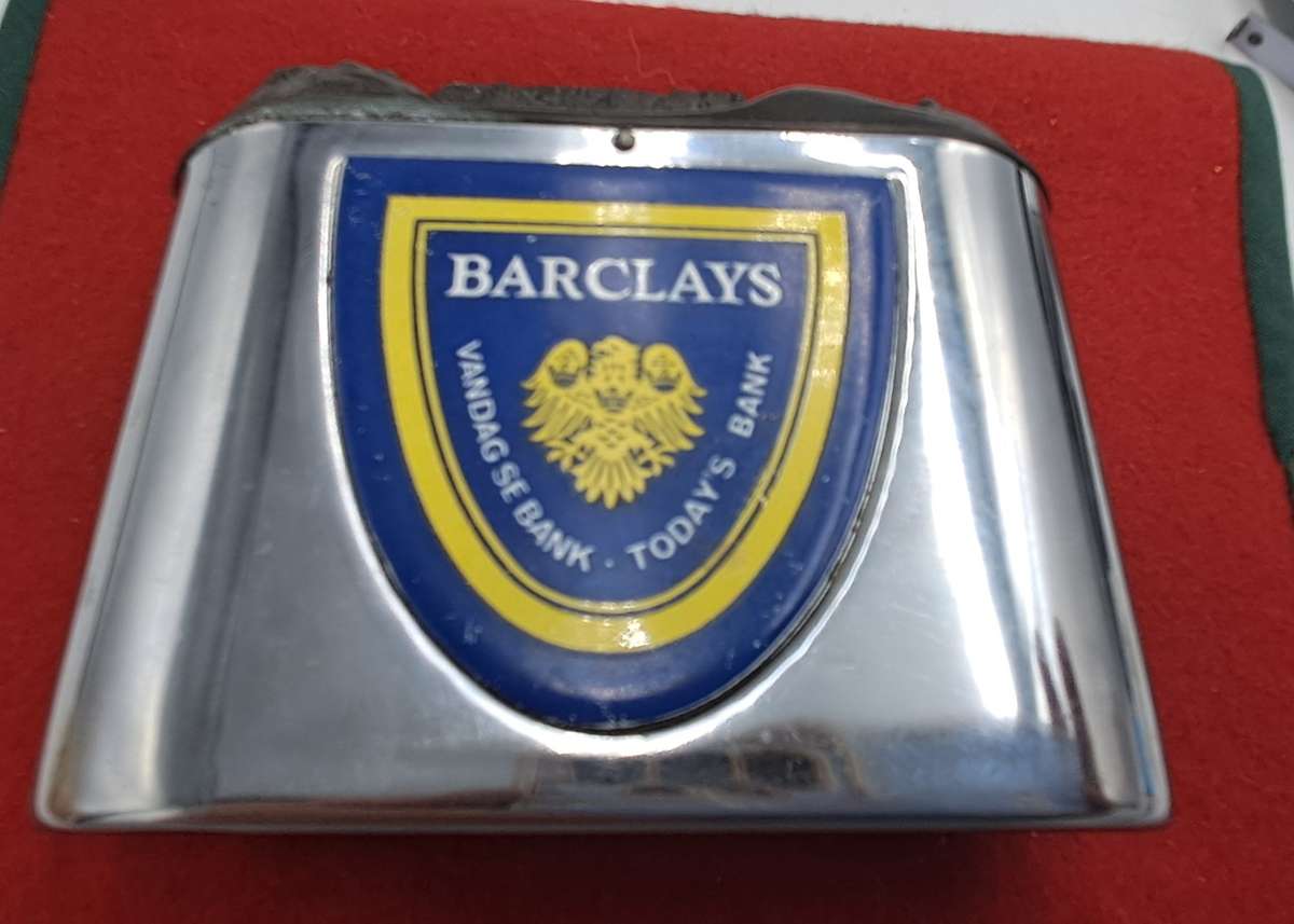 Vintage, chrome Barclays Bank money savings box with Table Mountain coin slot-No Key
