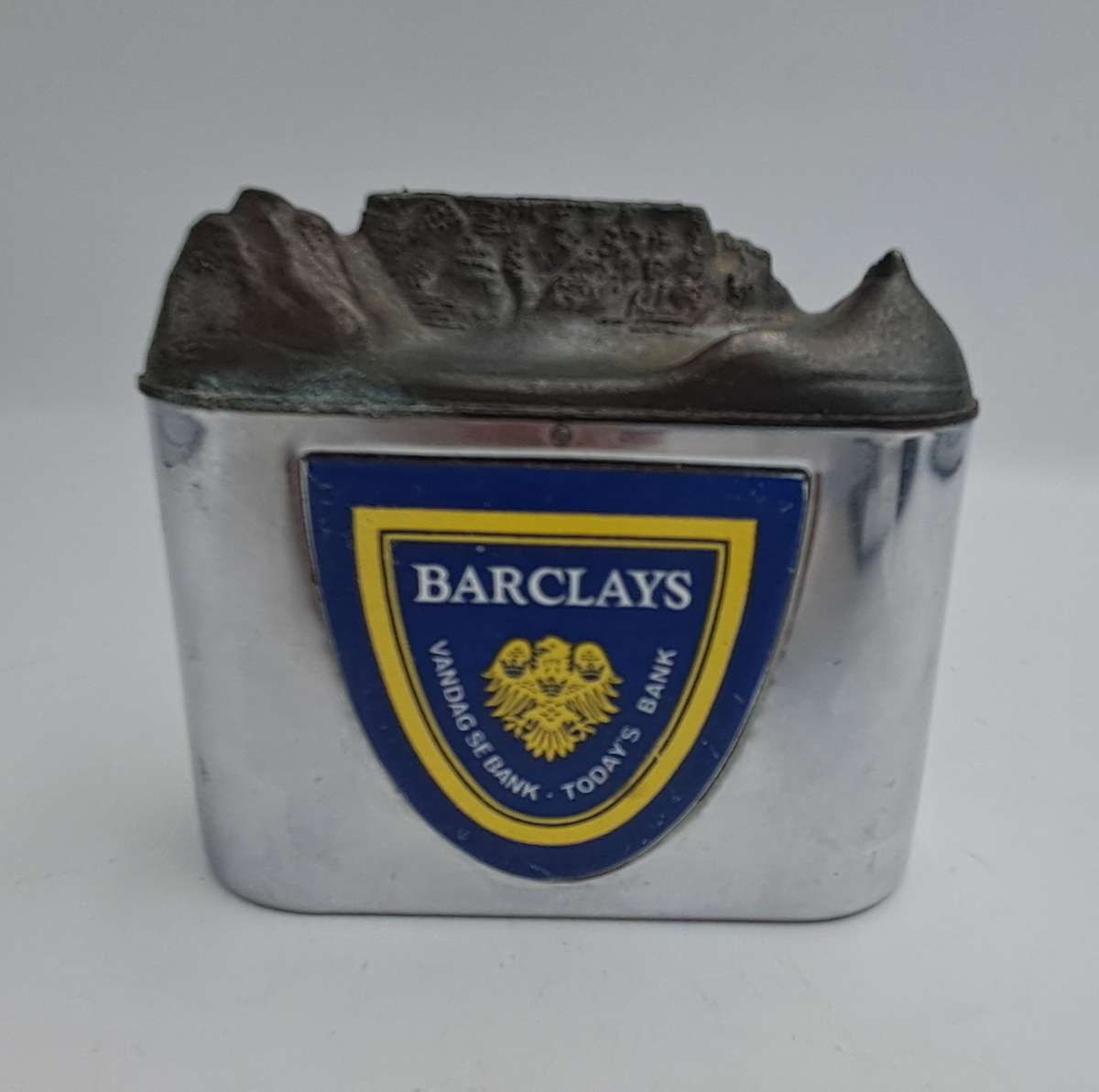 Vintage, chrome Barclays Bank money savings box with Table Mountain coin slot-No Key
