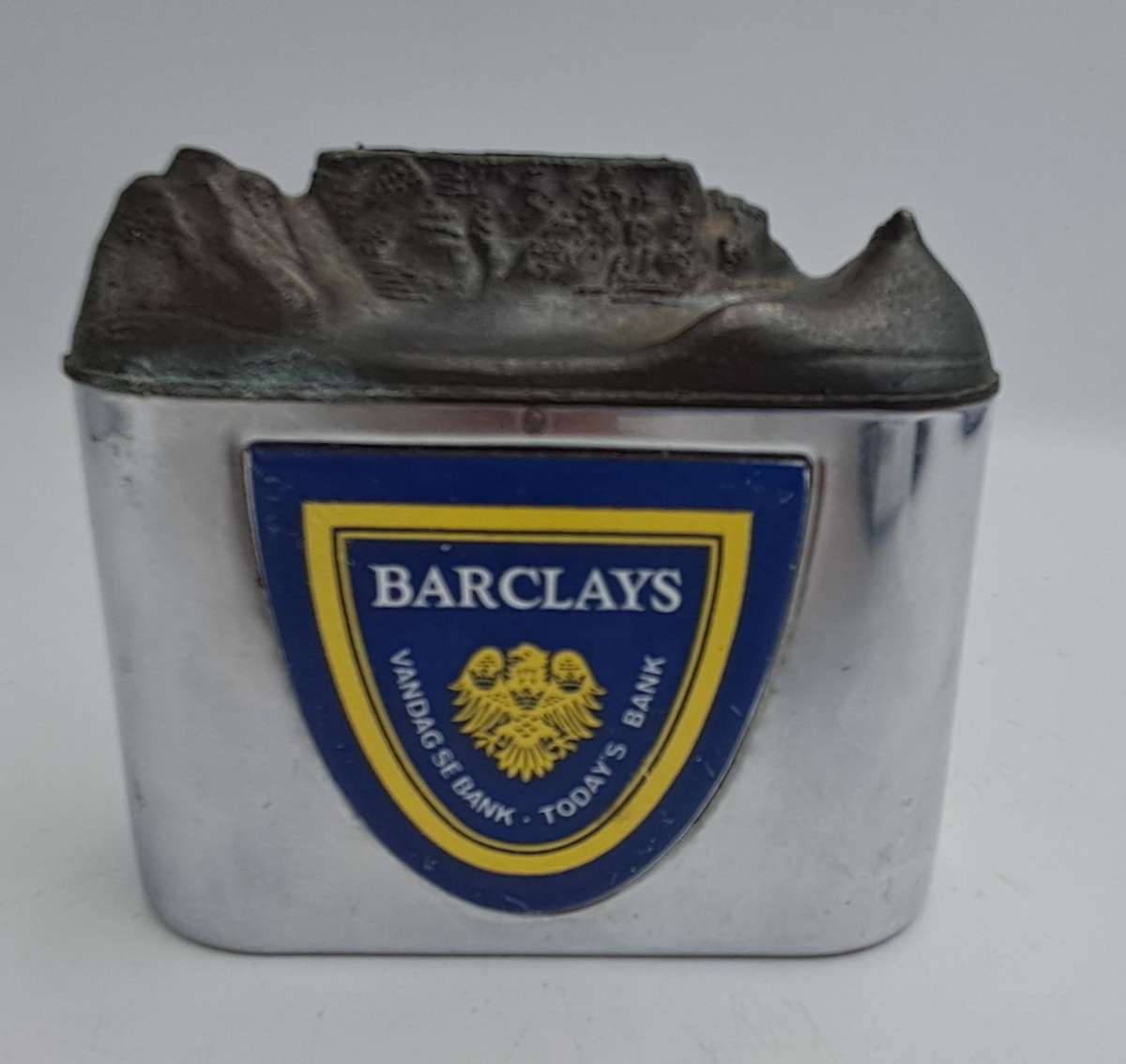 Vintage, chrome Barclays Bank money savings box with Table Mountain coin slot-No Key