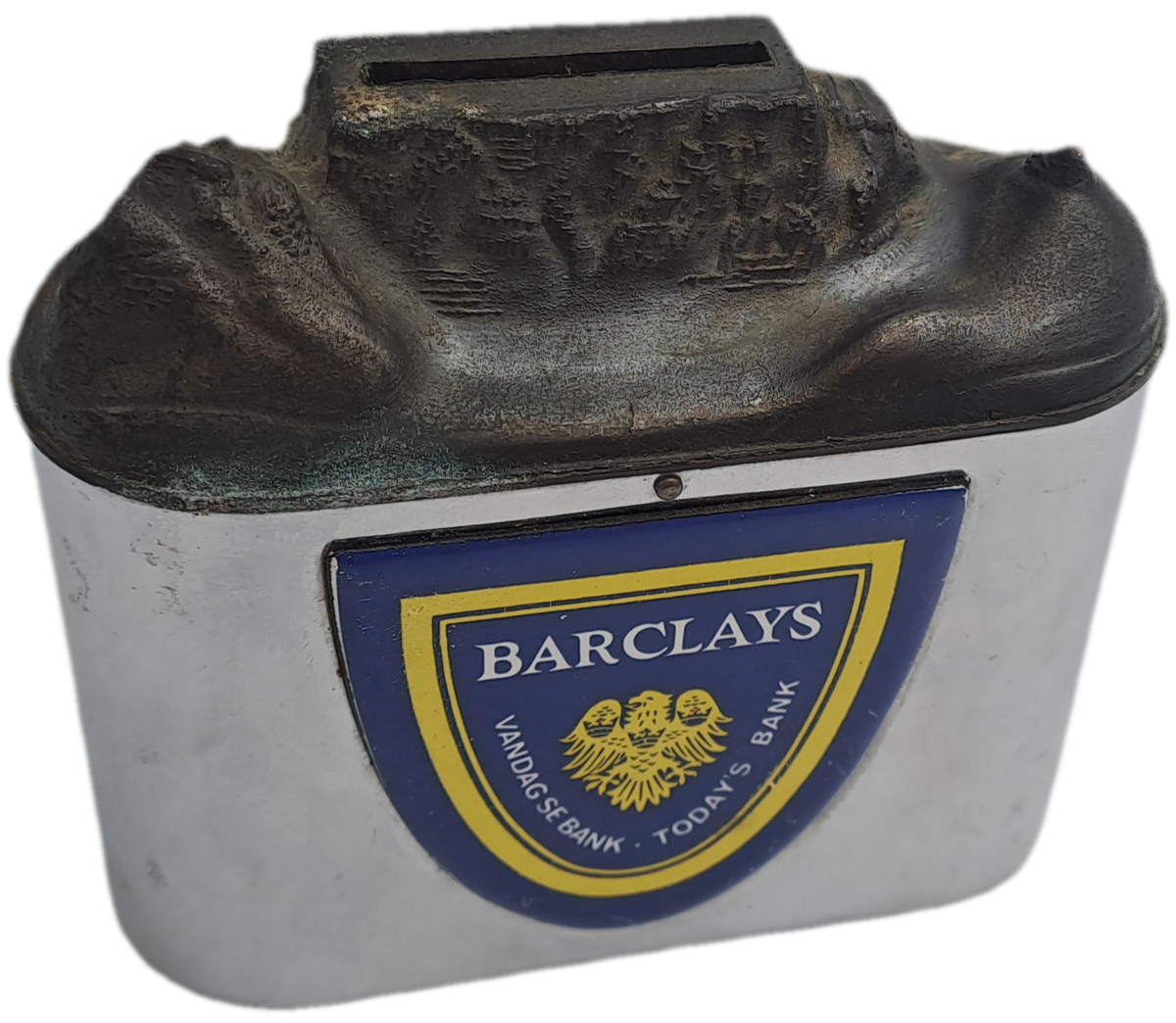 Vintage, chrome Barclays Bank money savings box with Table Mountain coin slot-No Key