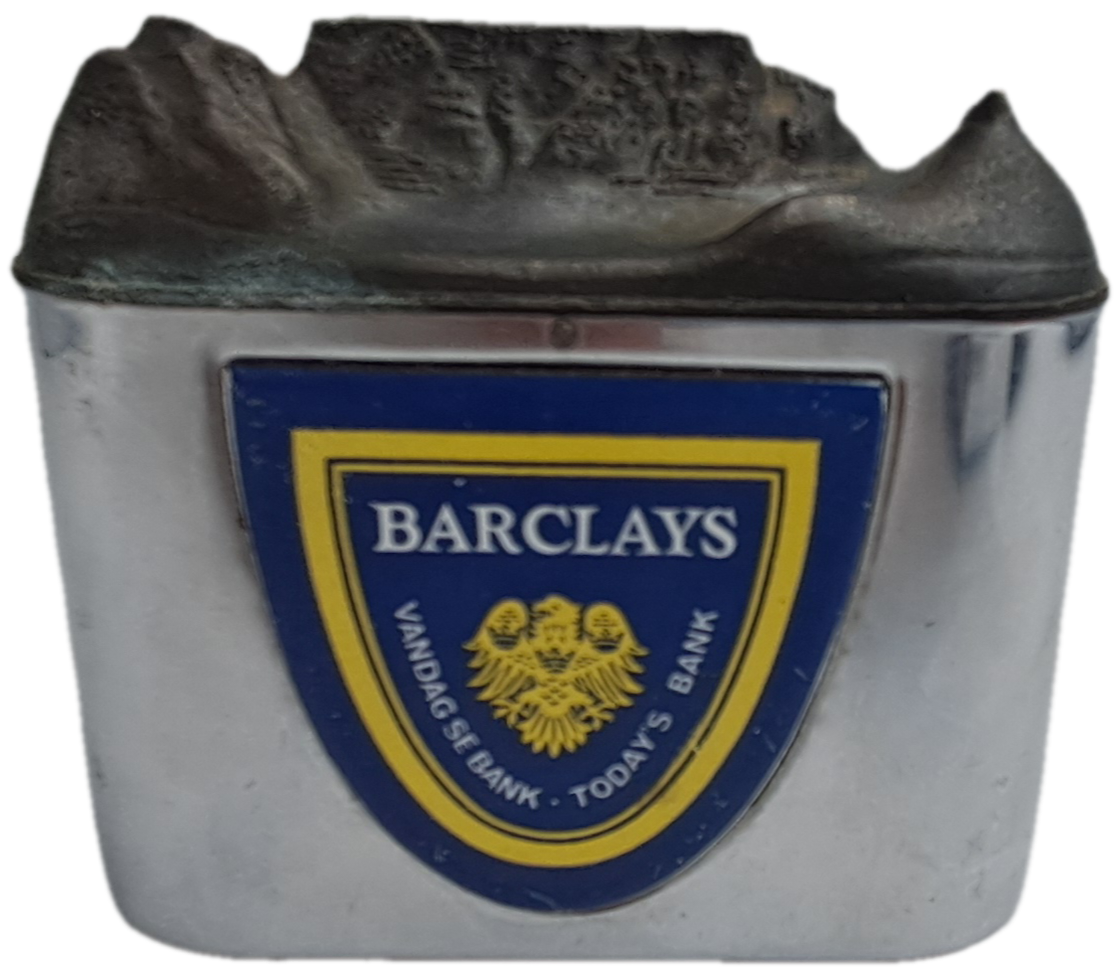 Vintage, chrome Barclays Bank money savings box with Table Mountain coin slot-No Key
