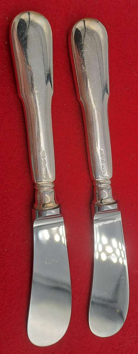2 INOX Designer Butter knifes with .800 SILVER Handles in Bag