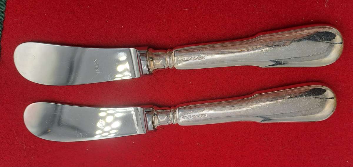 2 INOX Designer Butter knifes with .800 SILVER Handles in Bag