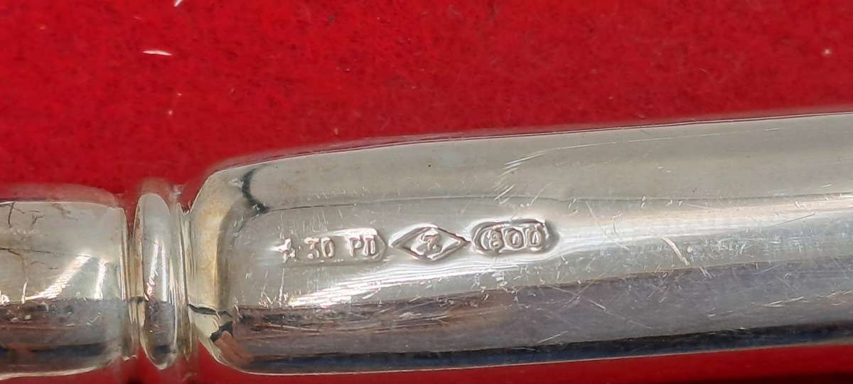 2 INOX Designer Butter knifes with .800 SILVER Handles in Bag