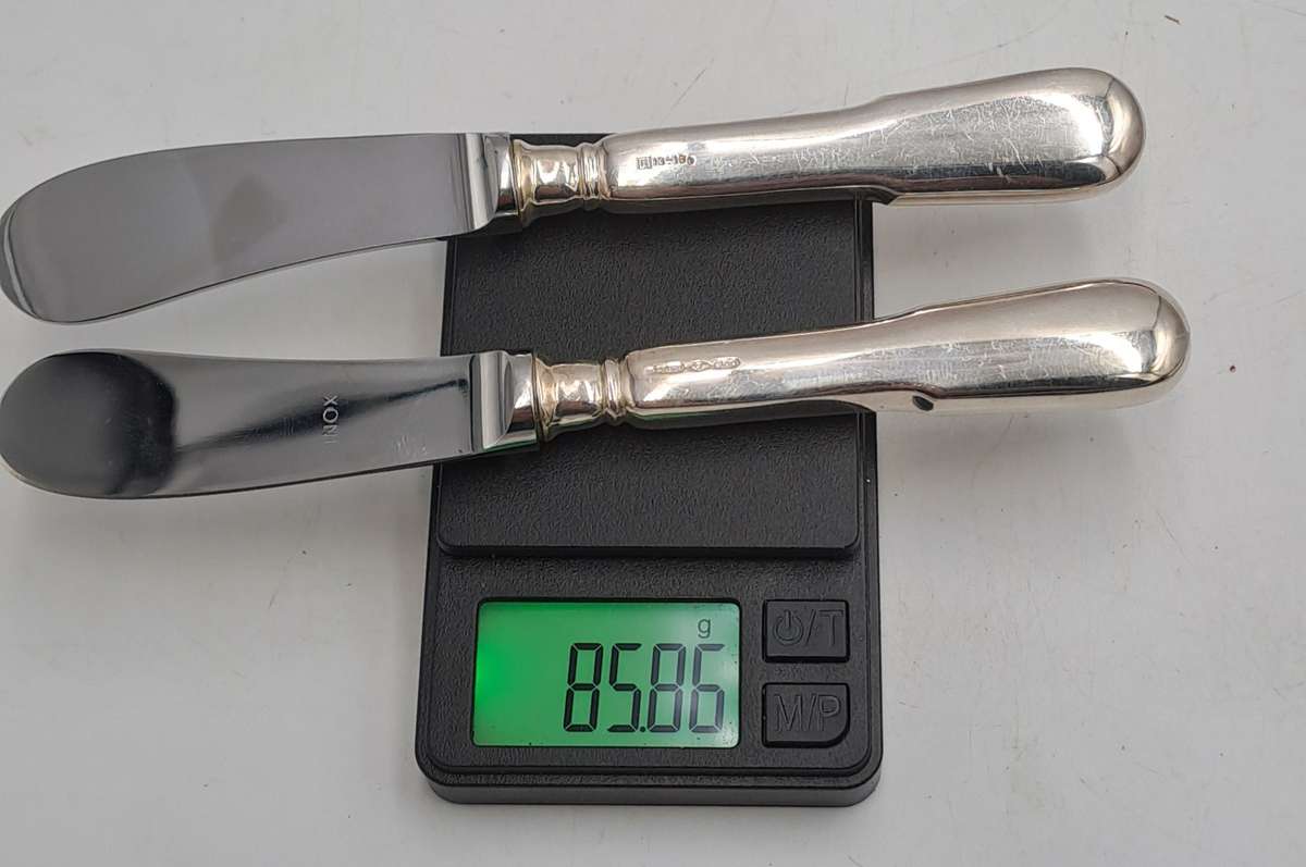 2 INOX Designer Butter knifes with .800 SILVER Handles in Bag