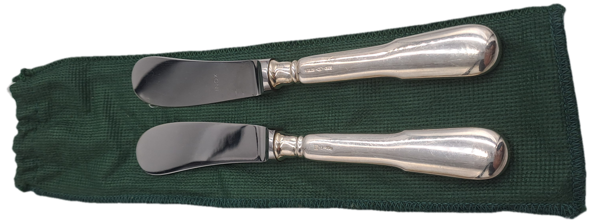 2 INOX Designer Butter knifes with .800 SILVER Handles in Bag